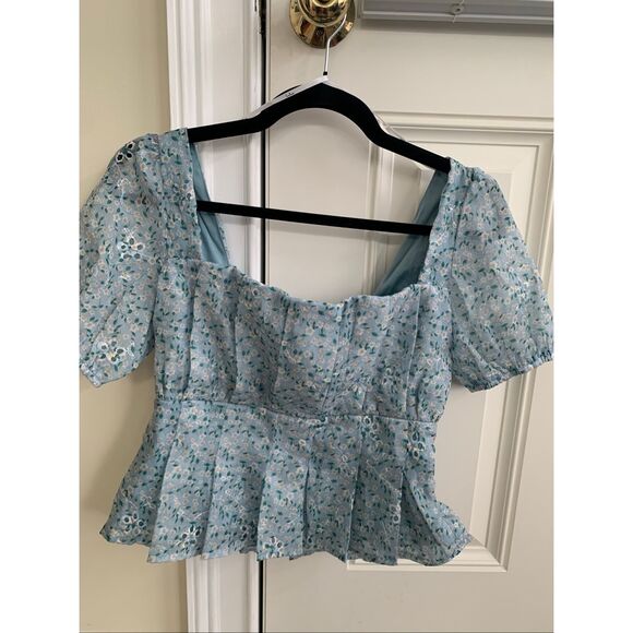 Dainty Effect Blue Floral Embroidered Pleated Puff Sleeve Top NWT - Picture 12 of 12